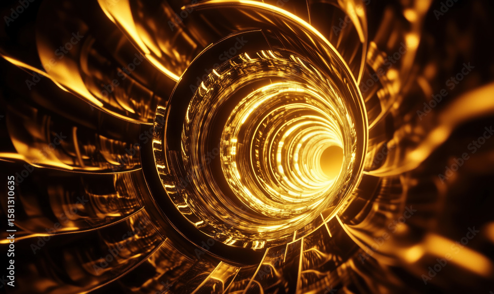 Poster golden spiral tunnel with intricate patterns and glowing light effects.