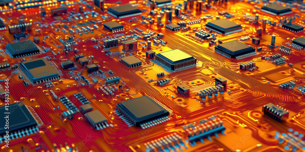 Poster close-up view of intricate circuit board with glowing components and connections.