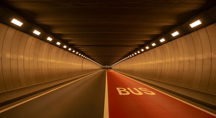 Illuminated bus lane in dark underground tunnel with symmetrical lights