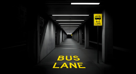 Illuminated bus lane in a tunnel creates a sense of depth and urban transport