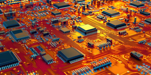 Obraz premium Close-up view of intricate circuit board with glowing components and connections.