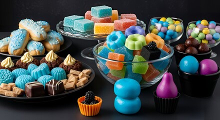Colorful Candy and Pastry Arrangement Featuring Frosted Cookies, Gummy Sweets, Cream-Filled Pastries, and Decorative Chocolates — Whimsical Confectionery Display for Party Themes, Bakery Branding, and