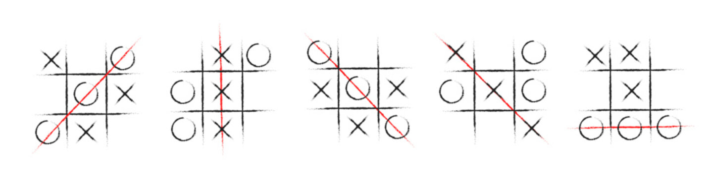 Set of hand drawn tic-tac-toe game. Different winning combinations and moves are marked in red.
Vector illustration.