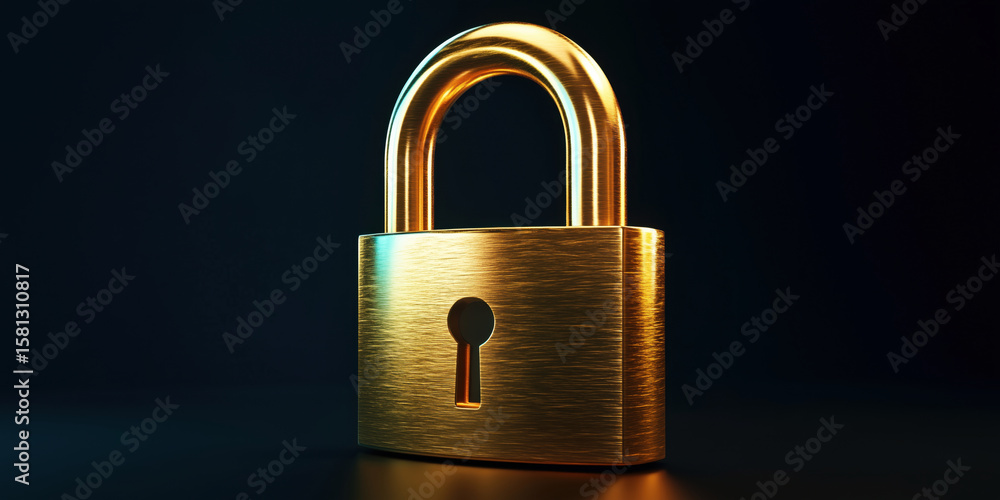 Poster golden padlock with shiny metallic finish on dark background for security concepts.