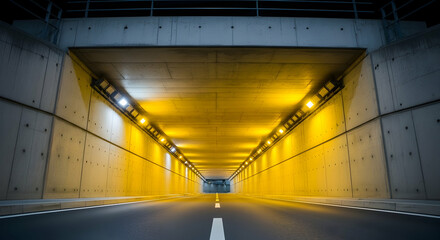 Illuminated Concrete Tunnel With Central Stripe In Urban Underground Passage