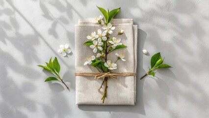 White flower bouquet of snowdrops on a wooden table in spring