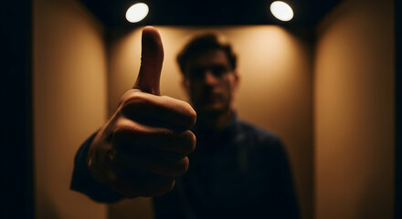 Man giving thumbs up gesture in dimly lit elevator expressing approval or agreement