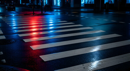 Illuminated city crossing at night with reflections creating a mesmerizing view
