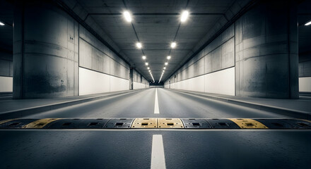 Illuminated Concrete Tunnel With Speed Bump And White Line Markings