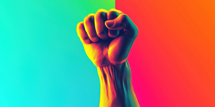 Colorful raised fist symbolizing strength and unity against vibrant background.