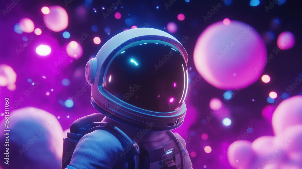 Poster astronaut in vibrant cosmic environment with colorful glowing orbs and nebula-like background.