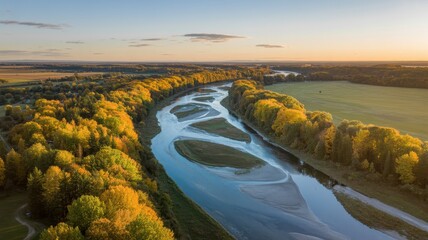 Serene autumn river landscape: aerial view at sunset.