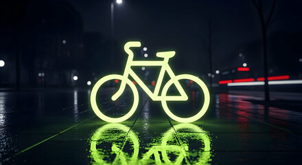 Neon bicycle sign on a wet city sidewalk at night illuminating transportation safety