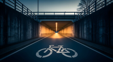 Illuminated cycle path leading through a dark tunnel emphasizing safety and urban mobility solutions