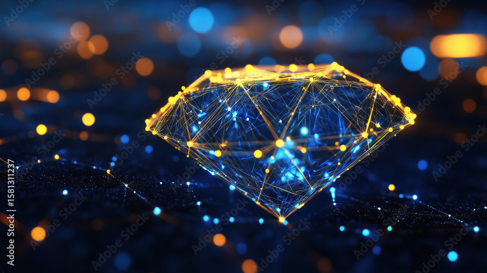 Poster digital diamond with glowing lines and nodes representing technology and luxury.