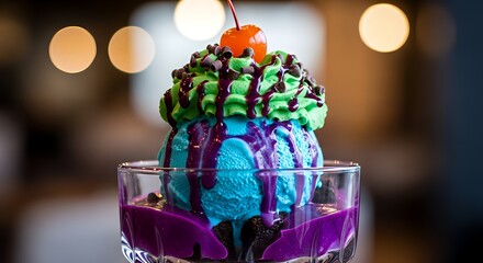 Colorful Ice Cream Sundae with Blue Scoop, Green Whipped Cream, Cherry, and Syrup Toppings in Glass Dish — Whimsical Dessert Illustration for Summer Treat Promotions, Culinary Branding, and Creative F