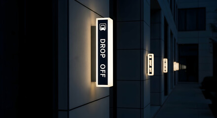 Illuminated Drop-Off Signs Adorning a Modern Building Exterior During Evening Hours