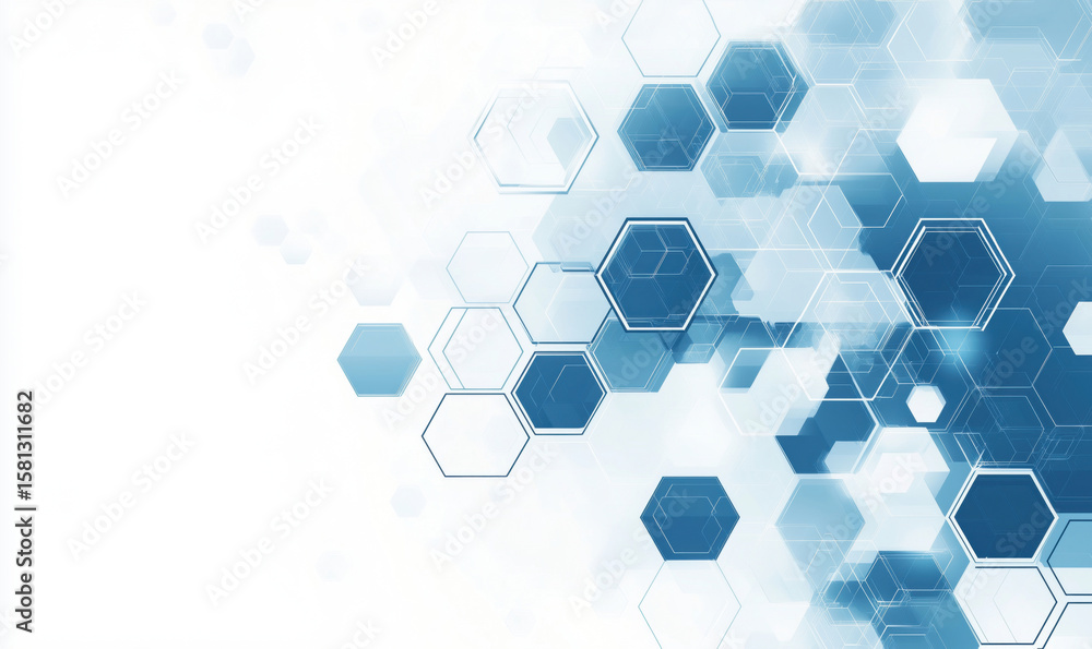 Poster abstract blue hexagonal pattern design with geometric shapes and gradients.