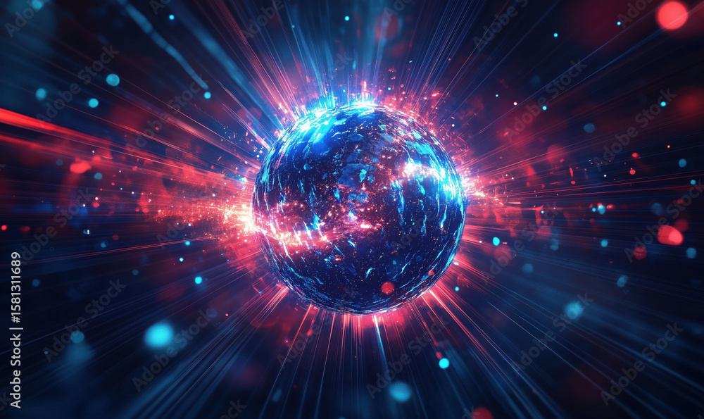 Poster vibrant cosmic sphere with glowing particles and light rays in deep space.
