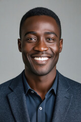 Obraz premium A smiling young Black man in a gray blazer looks directly at the camera with confidence and warmth.