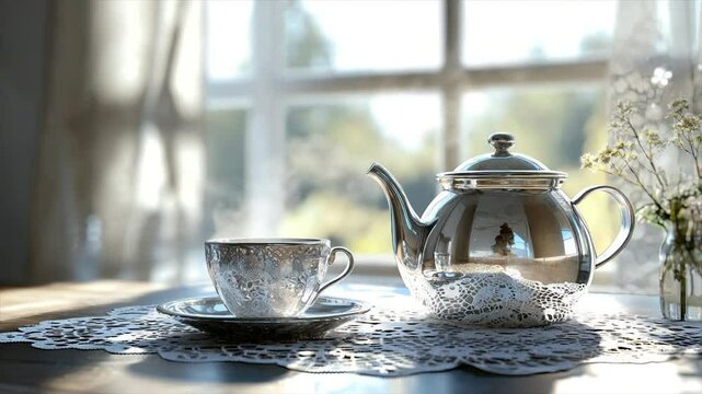 Sunlit silver teapot and teacup on lace doily
