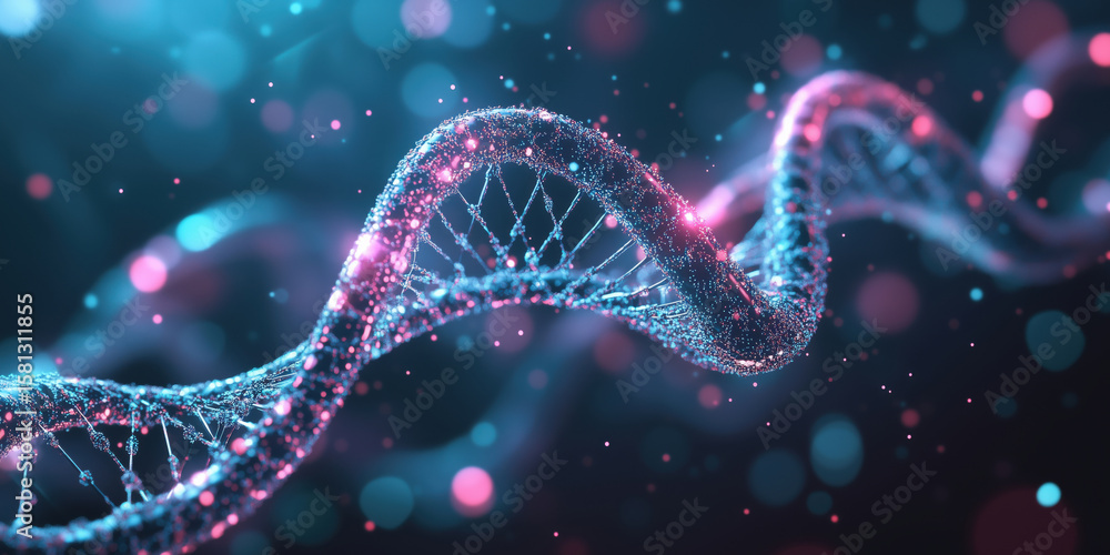 Poster colorful 3d representation of dna helix with glowing particles and abstract background.