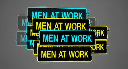 Fototapeta premium Neon Signs Displaying the Phrase 'Men at Work' in Cyan and Yellow Hues Creating Visual Impact