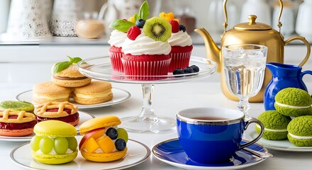 Elegant Dessert and Tea Table Featuring Fruit-Topped Cupcakes, Macarons, Cookies, ice cream , and Vintage Teaware — Gourmet Afternoon Tea Styling for Bakery Branding and Hospitality Marketin