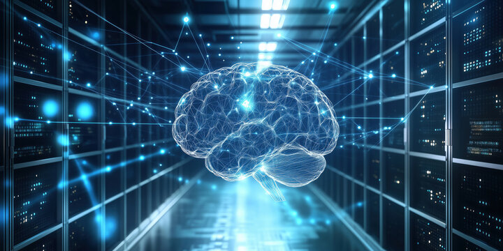 Artificial intelligence brain concept in futuristic data center environment.