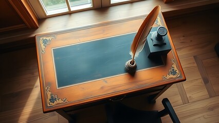 A vintage wooden desk featuring a feather quill and inkwell, illuminated by soft diffused natural light.