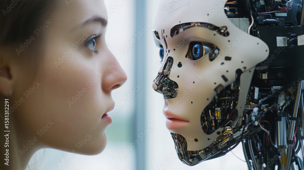 Poster human and robot face-to-face interaction showcasing advanced ai technology and design.
