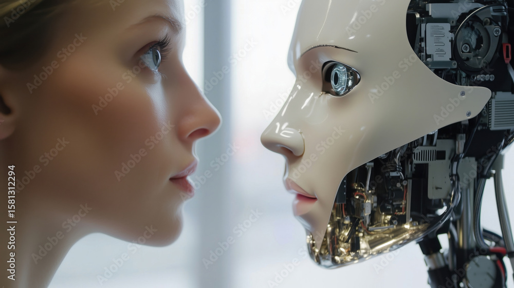 Poster human and robot face-to-face interaction showcasing advanced ai technology and design.