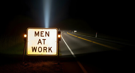 Illuminated men at work sign on a dark road at night safety warning concept