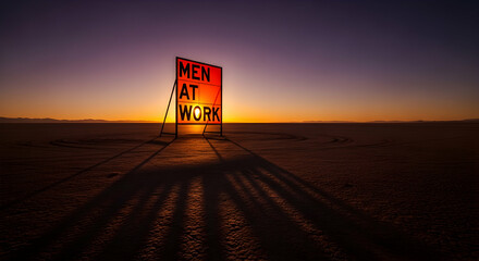 Illuminated Men at Work Sign on Bonneville Salt Flats at Sunset with Long Shadow