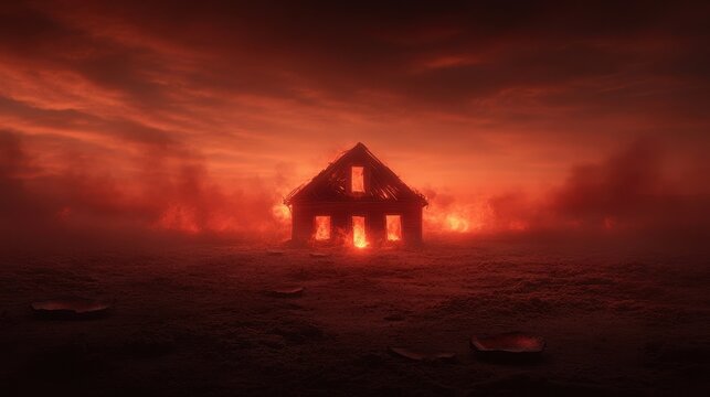 Dramatic scene of abandoned house impacted by a meteorite at sunset