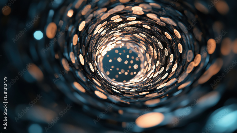 Poster abstract view of coins in a cylindrical tunnel with glowing lights and bokeh effect.