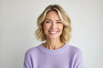 Obraz premium A smiling woman with blonde hair and light makeup gazes directly at the camera, wearing a soft purple sweater.