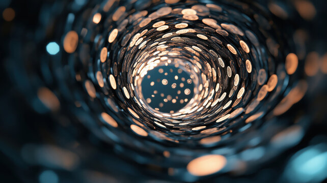 Abstract view of coins in a cylindrical tunnel with glowing lights and bokeh effect.