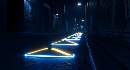 Illuminated Neon Triangles Guiding The Way Through A Dark Urban Back Alley