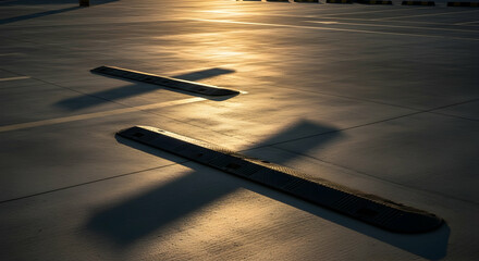 Illuminated Parking Lot At Sunset With Speed Bumps And Visible Striping