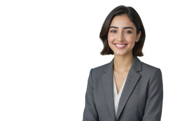 A smiling young woman in a gray suit and white shirt looks directly at the camera against a soft gray background.