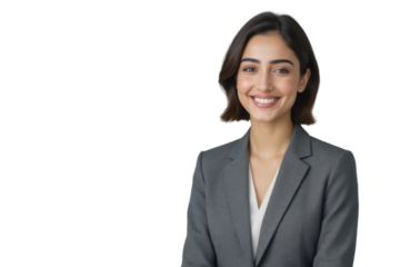 A smiling young woman in a gray suit and white shirt looks directly at the camera against a soft gray background.