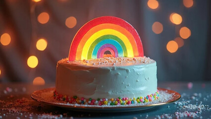 Wedding cake with a rainbow on top. 