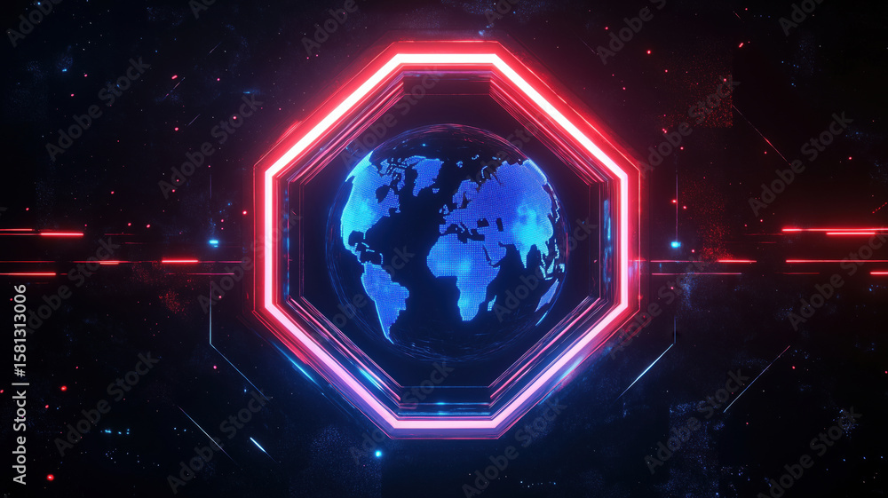 Poster futuristic digital globe with neon hexagon frame and glowing lines in space.