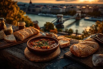 Obraz premium Enjoying goulash and bread with a sunset view of Chain Bridge