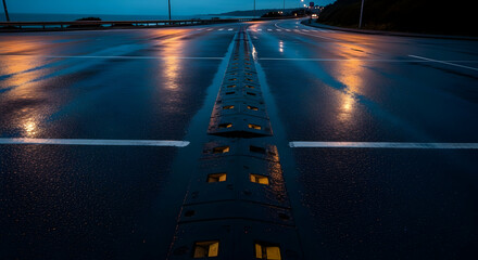 Night reflections on wet road, lights shining on an empty road at night