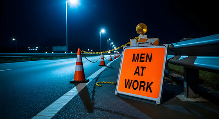 Night road construction with safety cones and illuminated sign indicating work zone