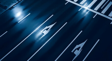 Night road with lane markings and direction arrows creating an urban landscape showcasing transportation and infrastructure