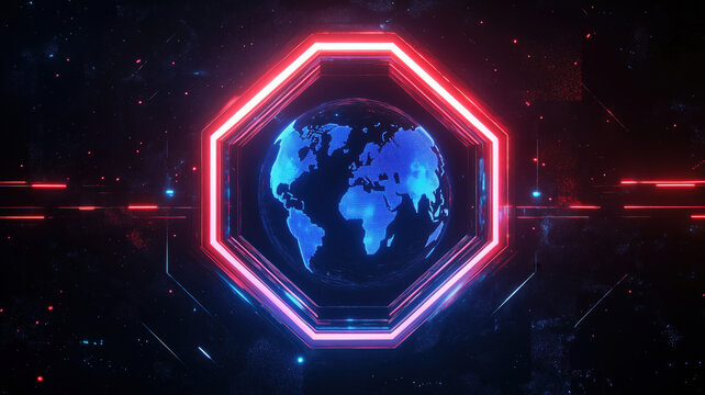 Futuristic digital globe with neon hexagon frame and glowing lines in space.