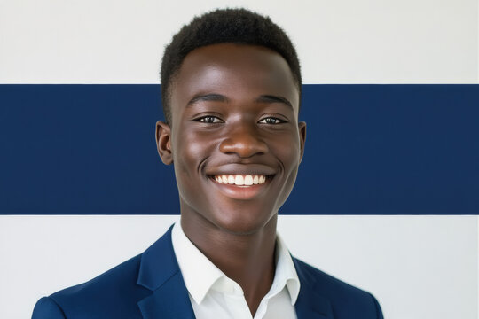 A young Black man with a warm smile confidently gazes at the camera, dressed in a navy blazer and white shirt against a gradient background.